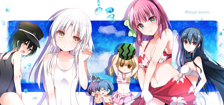 aliasing angel_beats! food fruit group nakamura_yuri naoi_ayato swimsuit tachibana_kanade tagme_(artist) tagme_(character) watermelon