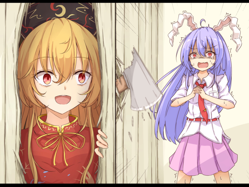 2girls :d animal_ears axe belt blonde_hair bunny_ears bunny_girl commentary_request crazy_eyes crazy_smile dress hair_between_eyes hands_on_own_chest hands_together hat here's_johnny! highres hole_in_wall junko_(touhou) lavender_hair long_hair meme multiple_girls necktie neko_mata open_mouth orange_eyes orange_hair panels parody pink_skirt pleated_skirt purple_hair red_belt red_dress red_eyes red_neckwear reisen_udongein_inaba scared shaded_face shirt skirt smile surprised sweat tears touhou trembling upper_teeth very_long_hair white_shirt
