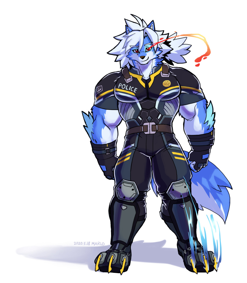 2020 anthro belt biceps canid canine canis cheong_hwan clothed clothing digital_media_(artwork) fingerless_gloves fur gloves hair handwear hi_res male mammal muscular muscular_anthro muscular_male police_uniform simple_background solo uniform wolf wolfmalro