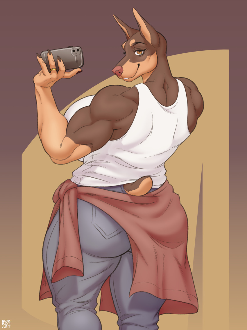 3:4 absurd_res anthro back_muscles big_breasts bottomwear breasts brown_eyes canid canine canis clothing digit_ring dobermann domestic_dog female hi_res huge_breasts jeans jewelry looking_back mammal muscular muscular_anthro muscular_female nasusbot pants phone pinscher ring shirt smile solo solo_focus tank_top topwear tracy_porter wedding_ring