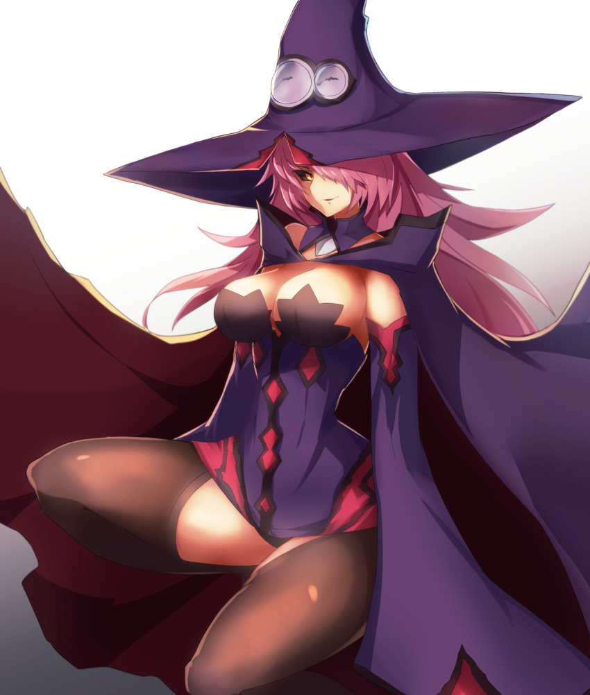 1girl alder bare_shoulders black_legwear black_sclera blazblue blazblue:_central_fiction breasts cape cleavage detached_sleeves dress floating_hair hair_over_one_eye hat highres konoe_a_mercury large_breasts long_hair long_sleeves looking_at_viewer parted_lips pink_hair short_dress simple_background smile solo squatting thighhighs wide_sleeves witch_hat yellow_eyes