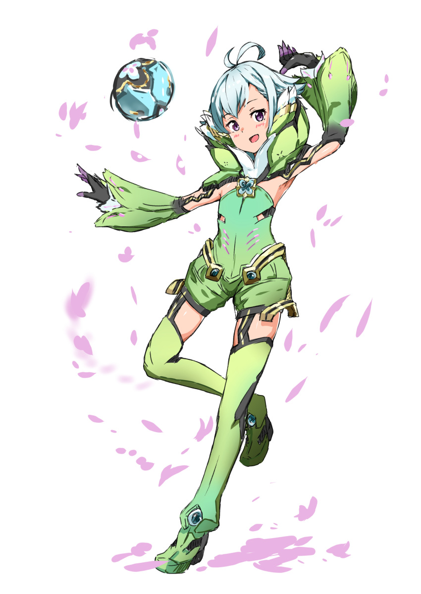 1boy :d absurdres aotsuba armpits ball blue_hair blush full_body gloves green_legwear highres hotaru_(xenoblade) looking_at_viewer open_mouth otoko_no_ko purple_eyes silver_hair simple_background smile solo thighhighs white_background xenoblade_(series) xenoblade_2