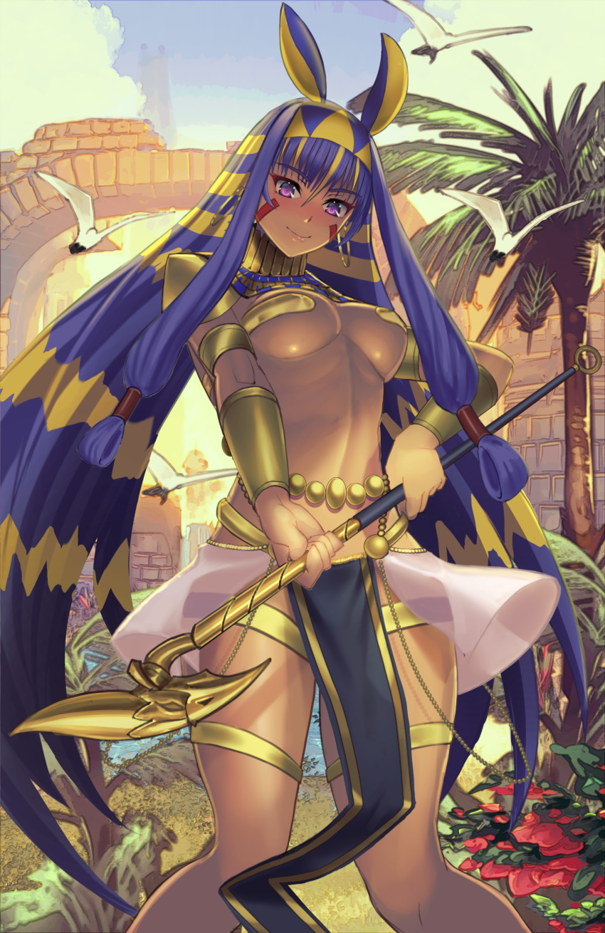 1girl animal_ears armlet bangs belly_chain bird blonde_hair blue_sky blush bracer breasts closed_mouth dark_skin earrings egyptian facepaint facial_mark fate/grand_order fate_(series) flower hairband highres hoop_earrings jackal_ears jewelry kazto_furuya long_hair looking_at_viewer multicolored_hair navel nitocris_(fate/grand_order) pelvic_curtain purple_eyes purple_hair sidelocks sky smile staff thighs two-tone_hair underboob usekh_collar very_long_hair