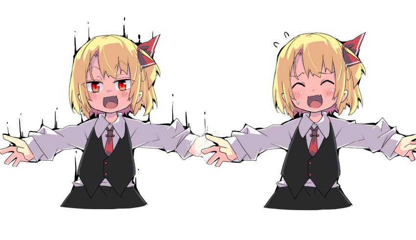 1girl black_skirt black_vest blonde_hair blush closed_eyes commentary_request cropped_legs fang flying_sweatdrops hair_ribbon long_sleeves looking_at_viewer multiple_views necktie noya_makoto open_mouth outstretched_arms red_eyes red_neckwear red_ribbon ribbon rumia shirt short_hair simple_background skin_fang skirt slit_pupils smile spread_arms sweatdrop touhou upper_body vest white_background white_shirt