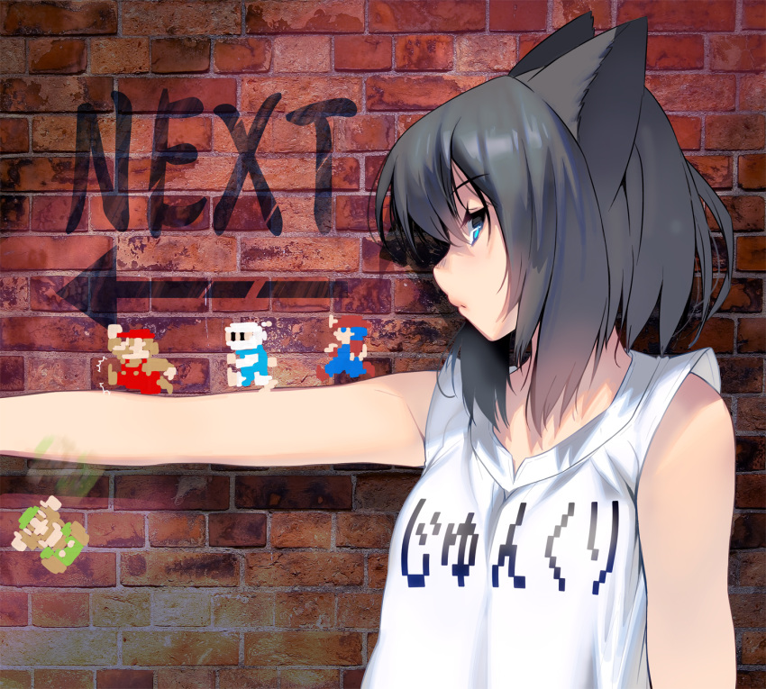 1girl animal_ears bangs black_hair brick_wall cat_ears eyebrows_visible_through_hair highres looking_at_viewer luigi mario mario_(series) masao original profile short_hair sleeveless upper_body