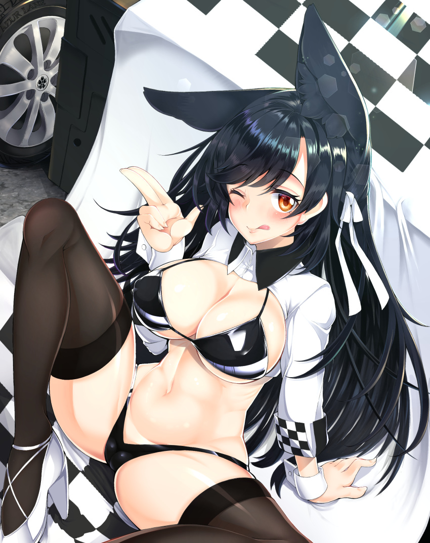 1girl absurdres animal_ears aruto_(shake_onigiri) atago_(azur_lane) atago_(stunning_speedster)_(azur_lane) azur_lane bangs bikini black_bikini black_hair black_legwear breasts brown_eyes cameltoe cleavage extra_ears highres large_breasts logo long_hair looking_at_viewer mole mole_under_eye race_queen ribbon salute shrug_(clothing) sitting solo spread_legs swept_bangs swimsuit thighhighs tire two-finger_salute two-tone_bikini white_footwear white_ribbon wolf_ears wrist_cuffs