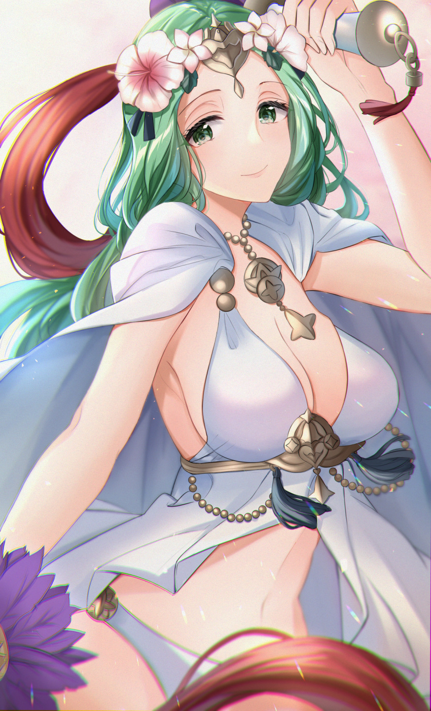 1girl bangs bikini blush breasts circlet cleavage closed_mouth fire_emblem fire_emblem:_three_houses fire_emblem_heroes flower forehead green_eyes green_hair hair_flower hair_ornament highres jewelry large_breasts long_hair looking_at_viewer navel necklace parted_bangs rhea_(fire_emblem) satoimo_chika smile swimsuit tassel white_bikini