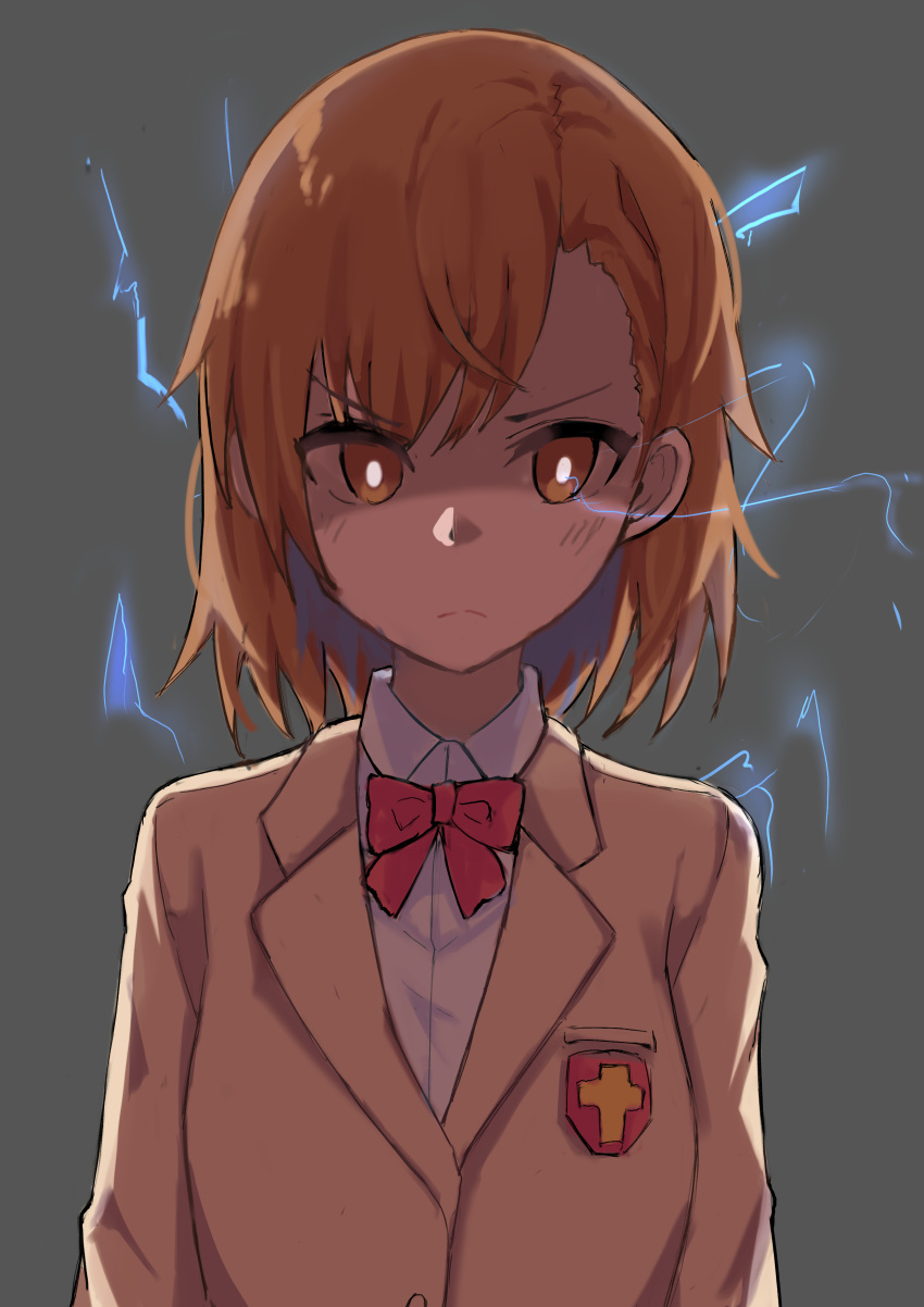 1girl absurdres ahoge asymmetrical_bangs bangs biribiri bob_cut bow bowtie bright_pupils brown_eyes brown_hair brown_jacket commentary commenter: dress_shirt electricity frown furrowed_eyebrows grey_background highres jacket looking_at_viewer maka_gun red_bow red_neckwear school_uniform shaded_face shirt short_hair simple_background solo to_aru_kagaku_no_railgun to_aru_majutsu_no_index tokiwadai_school_uniform upper_body white_shirt