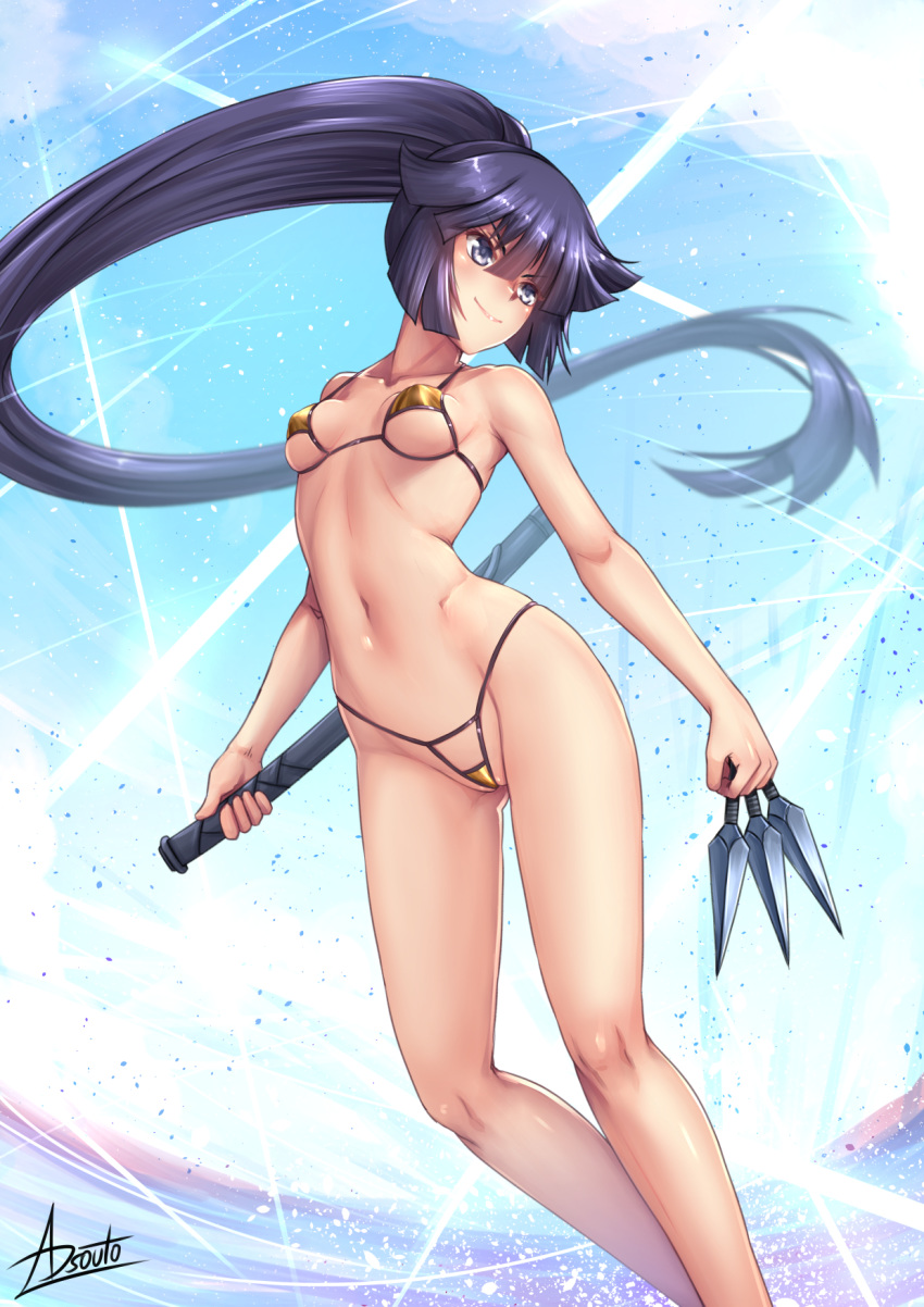 1girl adsouto akatsuki_(log_horizon) bangs bikini blue_eyes blue_hair blue_sky breasts closed_mouth collarbone day eyebrows_visible_through_hair floating_hair hair_between_eyes high_ponytail highleg highleg_bikini highres holding holding_knife holding_sheath knife knives_between_fingers log_horizon long_hair micro_bikini outdoors sheath shiny shiny_hair shiny_skin signature sky small_breasts smile solo swimsuit underboob v-shaped_eyebrows very_long_hair yellow_bikini