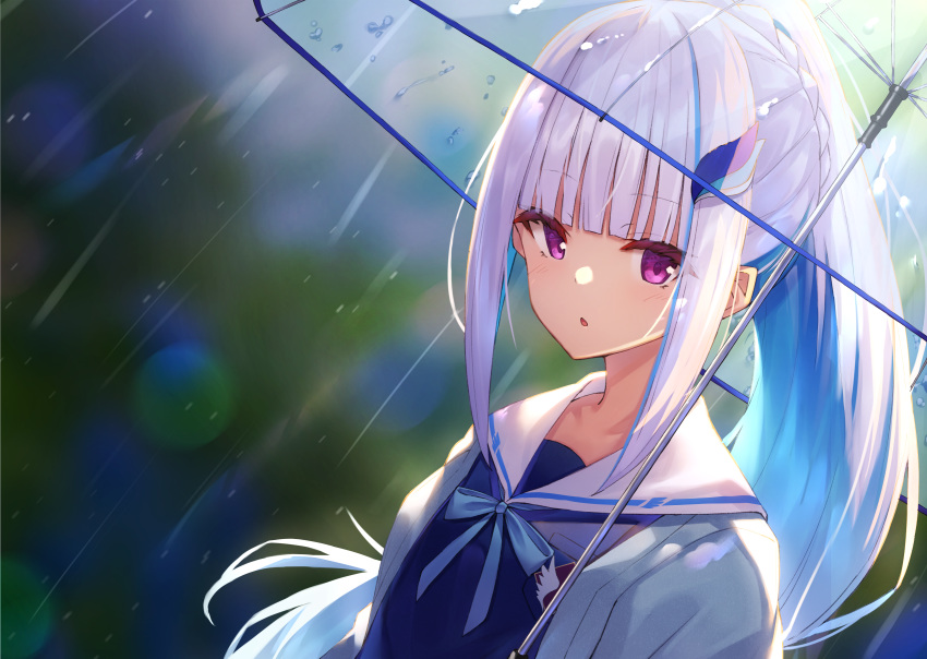 1girl :o bangs blue_bow blue_hair blue_jacket blue_shirt blunt_bangs blurry blurry_background bow commentary_request day depth_of_field eyebrows_visible_through_hair hair_ornament highres jacket lize_helesta long_hair multicolored_hair nijisanji open_clothes open_jacket outdoors parted_lips ponytail purple_eyes rain sailor_collar school_uniform serafuku shirt silver_hair solo transparent transparent_umbrella two-tone_hair umbrella upper_body virtual_youtuber white_sailor_collar yuuki_nao_(pixiv10696483)