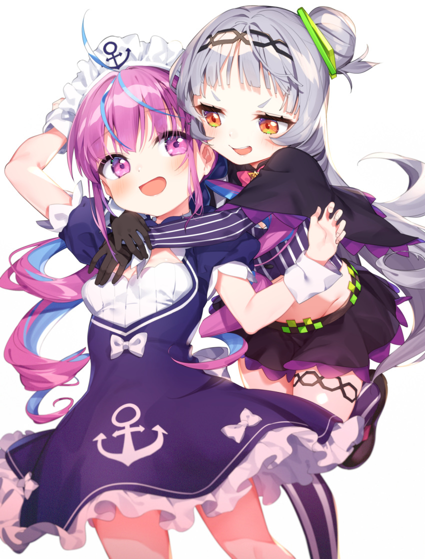 2girls :d ahoge anchor anchor_symbol arm_up bangs black_footwear black_gloves black_hairband black_skirt blue_dress blue_hair blush bow brown_eyes commentary_request dress eyebrows_visible_through_hair frilled_dress frills gloves grey_hair groin hair_bun hair_ornament hairband highres hololive hug hug_from_behind long_hair long_sleeves maid_headdress minato_aqua multicolored_hair multiple_girls murasaki_shion no_hat no_headwear open_mouth pink_bow puffy_short_sleeves puffy_sleeves purple_eyes purple_hair purple_legwear purple_shirt shirt shoes short_sleeves side_bun simple_background skirt smile standing standing_on_one_leg striped striped_legwear striped_shirt thighhighs tousaki_shiina twintails two-tone_hair v-shaped_eyebrows vertical-striped_legwear vertical-striped_shirt vertical_stripes very_long_hair virtual_youtuber white_background white_bow wrist_cuffs