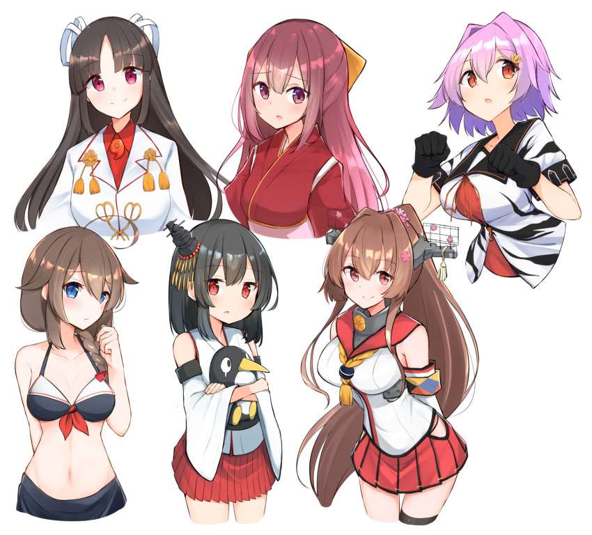 6+girls ahoge bangs bikini black_hair blush bow braid breasts brown_hair cropped_torso detached_sleeves eyebrows_visible_through_hair failure_penguin hair_bow hair_ornament hair_ribbon hairclip headgear highres hip_vent hiyou_(kantai_collection) holding japanese_clothes kamikaze_(kantai_collection) kantai_collection long_hair magatama multiple_girls open_mouth pink_hair purple_hair red_skirt remodel_(kantai_collection) ribbon sailor_bikini sailor_collar sakikumo_(sakumo) shigure_(kantai_collection) short_hair sidelocks simple_background single_braid skirt smile swimsuit tama_(kantai_collection) white_background yamashiro_(kantai_collection) yamato_(kantai_collection)