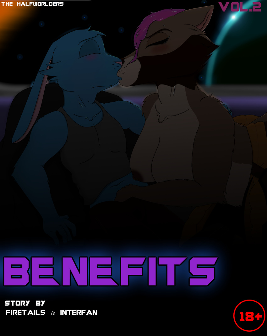 alien anthro blush clothed clothing comic cover cover_page duo english_text female firetails guardians_of_the_galaxy hair halfworld-616 hi_res kissing lagomorph leporid male male/female mammal marvel piercing procyonid purple_hair rabbit raccoon rookie_(interfan) semi-anthro shocket_raccoon space text topless