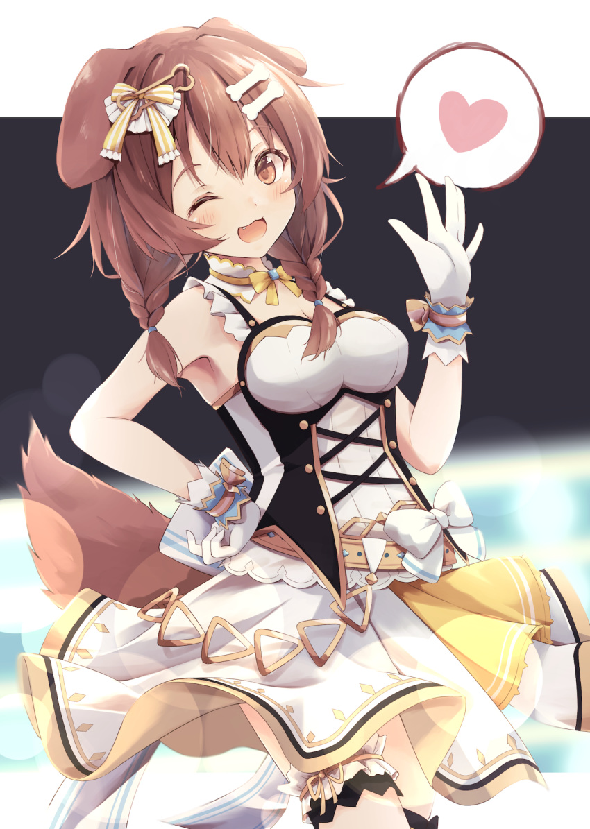 1girl animal_ears armpits back_bow bangs blurry blurry_background blush bone_hair_ornament bow braid breasts brown_eyes brown_hair cleavage commentary_request dog_ears dog_girl dog_tail eyebrows_visible_through_hair fang garter_straps gloves hair_between_eyes hair_ornament hand_on_hip hand_up heart highres hololive inugami_korone long_hair looking_at_viewer medium_breasts mizutan64 one_eye_closed open_mouth sidelocks skirt sleeveless solo spoken_heart tail twin_braids virtual_youtuber white_gloves white_skirt