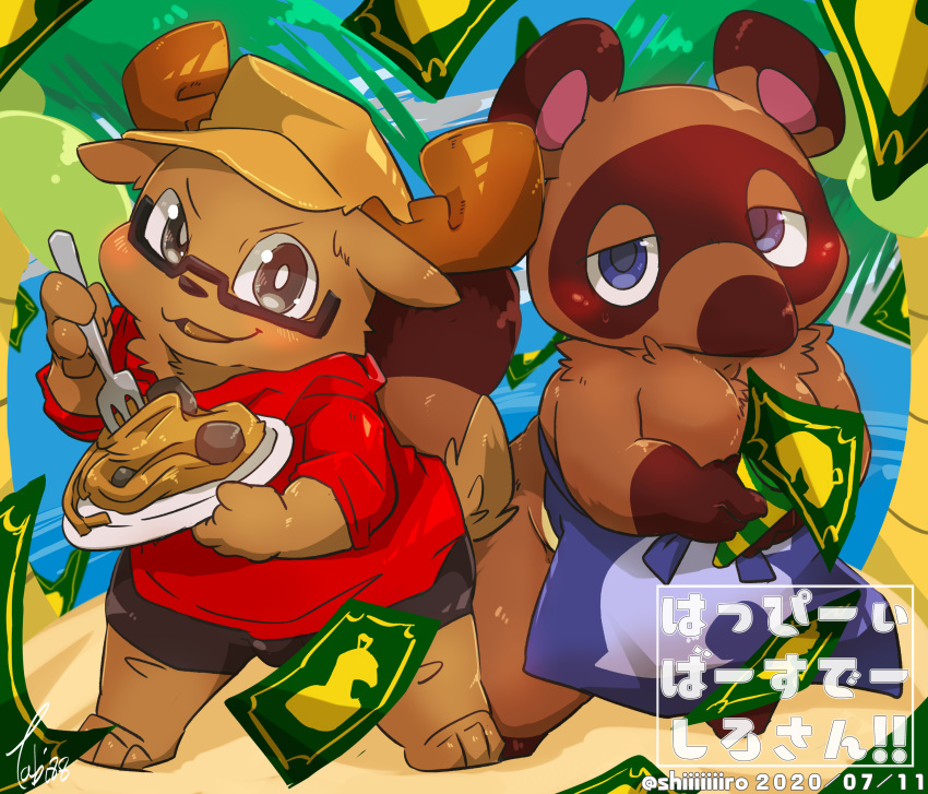 2020 absurd_res animal_crossing anthro apron beach blush bottomwear brown_body brown_fur canid canine chibi clothing duo eyewear fur glasses hat headgear headwear hi_res kemono male mammal money nintendo outside raccoon_dog seaside shirt shorts slightly_chubby tanuki tiri_mama tom_nook_(animal_crossing) topwear video_games water