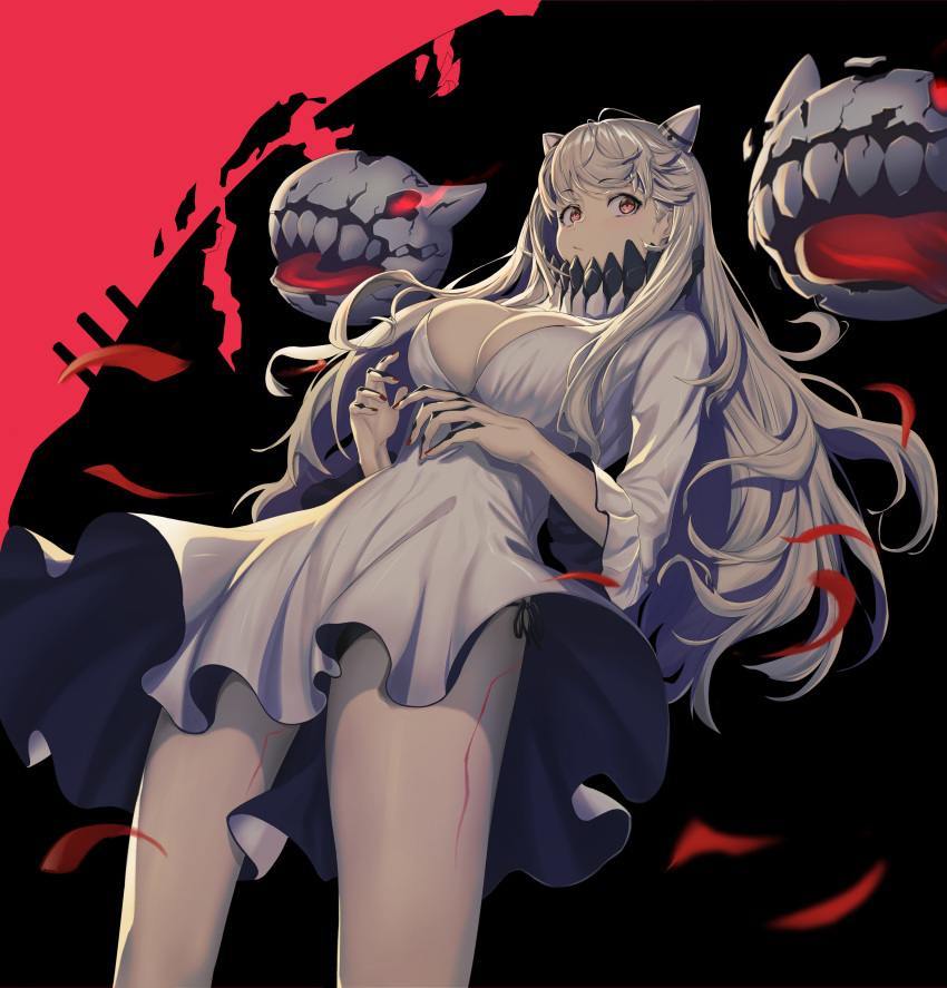 1girl absurdres blush breasts cowboy_shot dress enemy_aircraft_(kantai_collection) eyebrows_visible_through_hair highres horns kantai_collection large_breasts long_dress long_hair midway_hime nail_polish oweee pale_skin red_eyes red_nails shinkaisei-kan solo very_long_hair white_dress white_hair