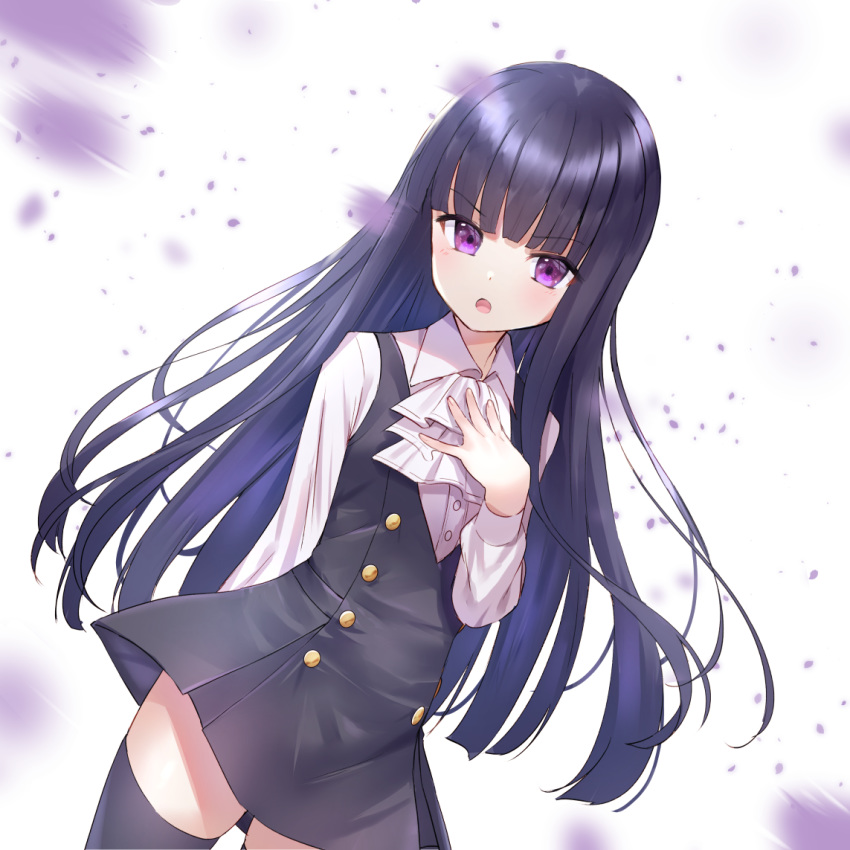 1girl ascot bangs black_dress black_hair black_legwear blunt_bangs collared_shirt commentary_request dress dress_shirt eyebrows_visible_through_hair hand_up inu_x_boku_ss long_hair long_sleeves looking_at_viewer motion_blur petals purple_eyes shirakiin_ririchiyo shirt sleeveless sleeveless_dress solo thighhighs tsukiman v-shaped_eyebrows very_long_hair white_background white_neckwear white_shirt