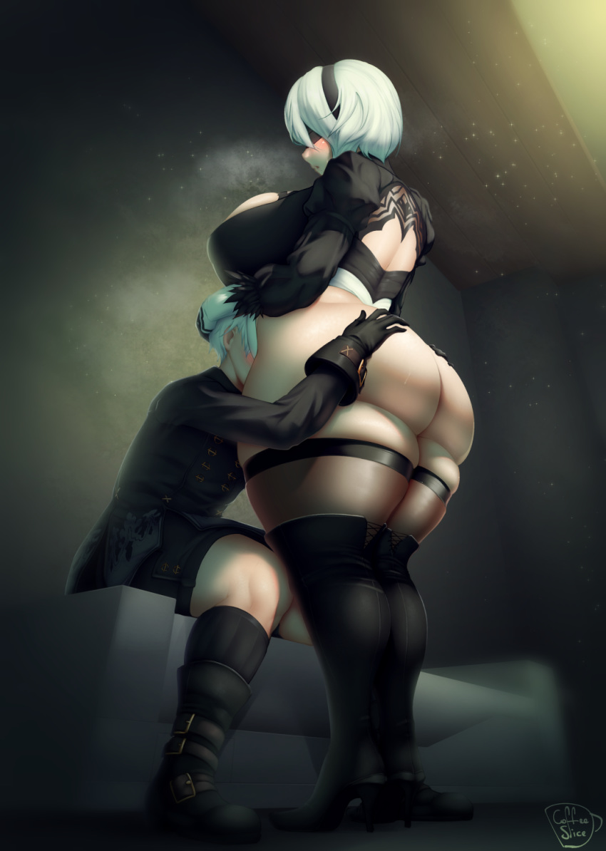 1boy 1girl artist_name ass ass_grab backless_outfit black_blindfold black_footwear black_shorts blindfold blush boots breasts coffeeslice curvy gloves highres hug huge_breasts juliet_sleeves leather leather_boots leotard long_sleeves nier_(series) nier_automata puffy_sleeves short_hair shorts sitting thick_thighs thigh_boots thighhighs thighs white_gloves white_hair white_leotard yorha_no._2_type_b yorha_no._9_type_s