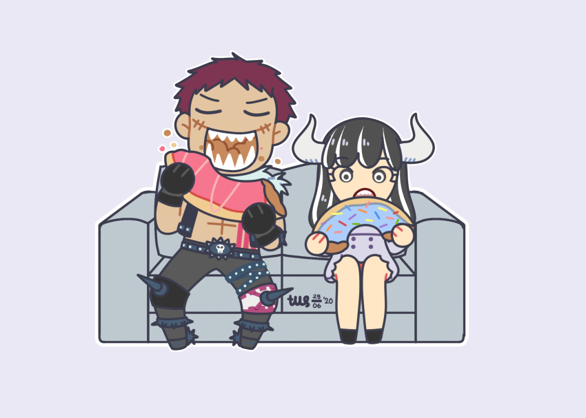 1boy 1girl absurdres black_hair charlotte_katakuri chibi couch curled_horns doughnut dress eating food highres horns long_hair one_piece short_dress simple_background sitting ulti_(one_piece)