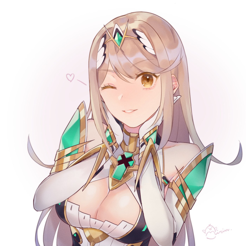 1girl bangs bare_shoulders blonde_hair breasts chest_jewel cleavage gem gloves heart highres hikari_(xenoblade_2) large_breasts long_hair looking_at_viewer mirin. one_eye_closed simple_background smile solo swept_bangs teeth tiara upper_body white_background xenoblade_(series) xenoblade_2 yellow_eyes