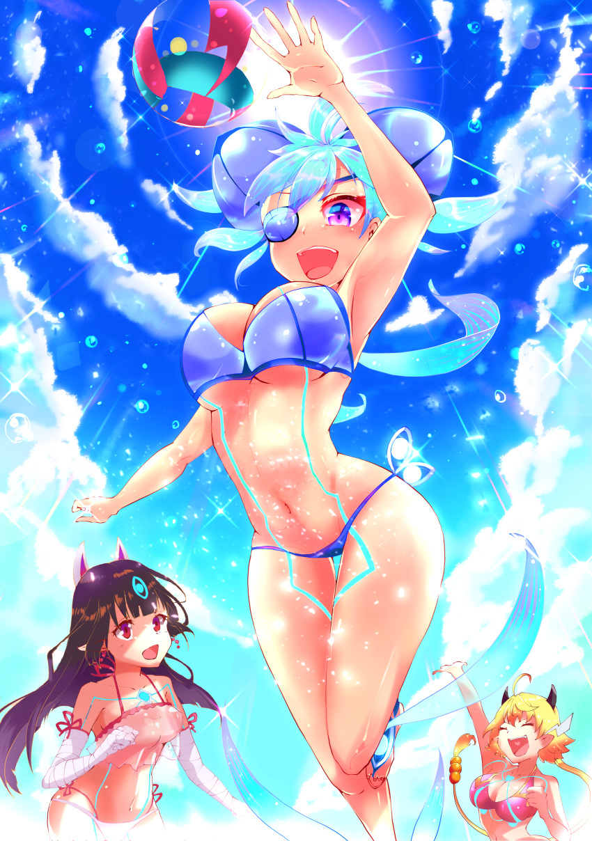 3girls :d ^_^ absurdres ahoge animal_ears aqua_hair arm_up armpits ball bandaged_arm bandages bangs bare_shoulders beachball bikini black_hair blonde_hair blue_bikini blue_eyes blush body_markings breasts cleavage clenched_hand closed_eyes cloud collarbone commentary_request covered_nipples dark_skin day eyebrows_behind_hair eyepatch fang from_below groin hair_between_eyes highres horns jumping kasane_(xenoblade) large_breasts long_hair looking_at_another low_ponytail medium_breasts midriff mikumari_(xenoblade) multiple_girls navel open_mouth outdoors pointy_ears purple_eyes red_bikini red_eyes risumi_(taka-fallcherryblossom) short_hair sidelocks smile sparkle sun sunlight swimsuit tankini thigh_gap underboob upper_teeth water_drop xenoblade_(series) xenoblade_2 zakuro_(xenoblade)