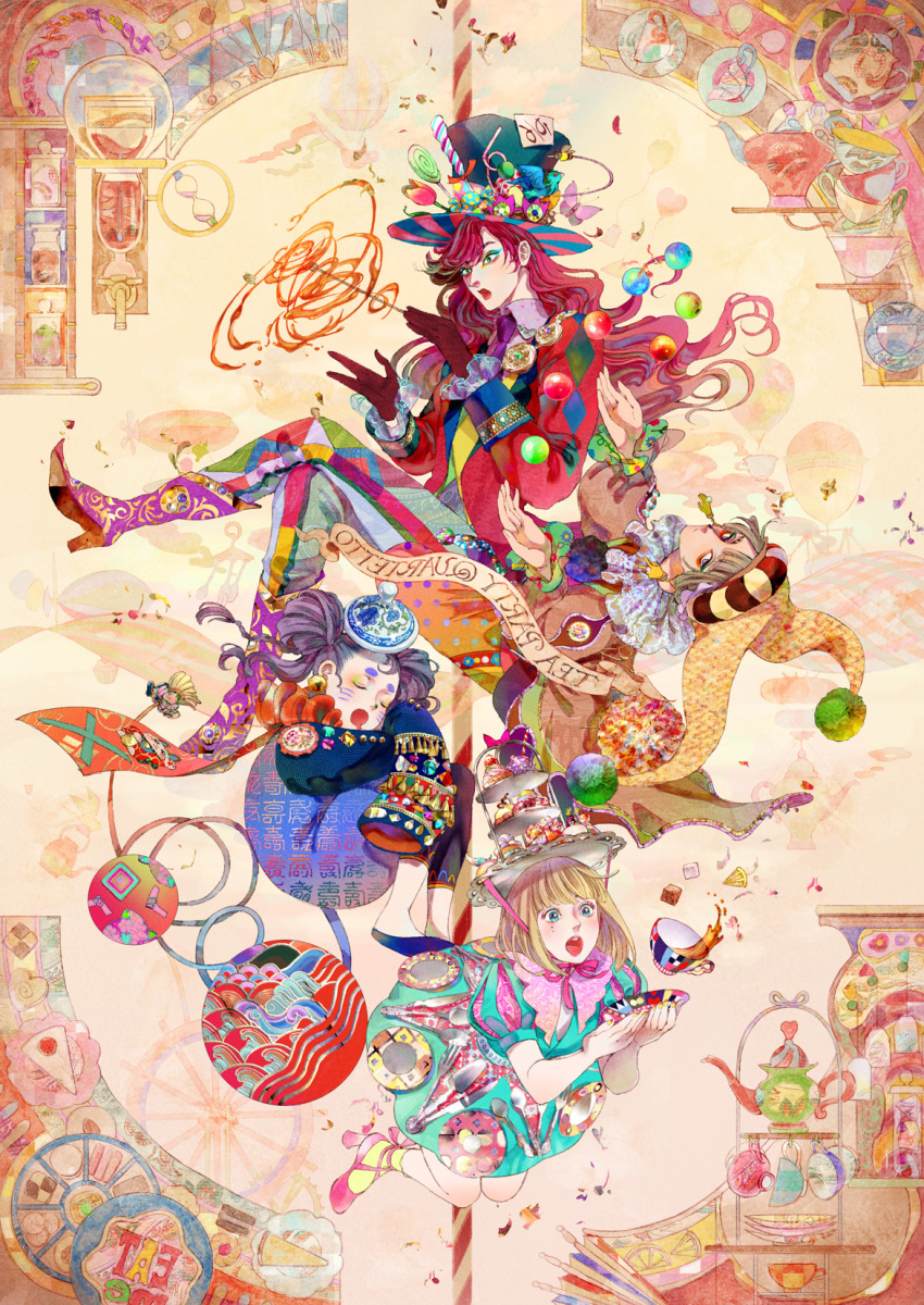 2boys 2girls alcohol alice_(wonderland) alice_in_wonderland bangs beer bird black_legwear blonde_hair blue_footwear blunt_bangs blush boots bug butterfly candy candy_cane closed_mouth collar cup dormouse dress eyebrows_visible_through_hair eyeshadow flower food fork full_body gloves hat high_heel_boots high_heels highres holding insect jacket jester_cap juggling knife lollipop long_hair long_sleeves looking_at_viewer looking_to_the_side mad_hatter makeup march_hare micho midair multicolored multicolored_clothes multiple_boys multiple_girls necktie open_mouth petals pink_footwear pink_ribbon puffy_long_sleeves puffy_short_sleeves puffy_sleeves purple_eyes purple_hair purple_neckwear red_gloves red_hair red_jacket ribbon saucer short_hair short_sleeves sleeping sleeves_past_fingers sleeves_past_wrists spoon straight_hair striped sugar_cube sweets swirl_lollipop tassel tea teacup teapot top_hat tulip wavy_hair