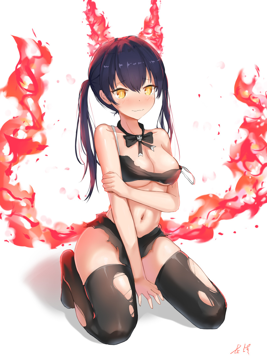 1girl absurdres bangs bare_shoulders between_legs black_bow black_hair black_legwear blush bow bowtie breasts chinese_commentary cleavage closed_mouth collarbone commentary_request en'en_no_shouboutai eyebrows_visible_through_hair fiery_ears fiery_tail fire full_body grabbing_own_arm hair_between_eyes hand_between_legs highres huijin_zhi_ling kneeling long_hair looking_at_viewer medium_breasts midriff navel no_shoes nose_blush shadow sidelocks signature simple_background solo stomach strap_slip tail tamaki_kotatsu tearing_up thighhighs torn_clothes torn_legwear twintails underboob wavy_mouth white_background yellow_eyes
