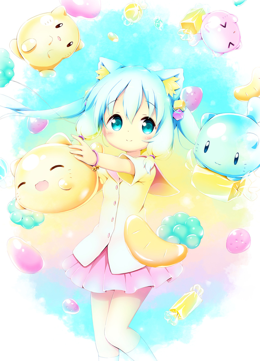 &gt;_&lt; 1girl :d ^_^ aikei_ake animal animal_ear_fluff animal_ears bangs bell blue_eyes blue_hair blush bread candy cat cat_ears closed_eyes closed_mouth commentary_request eyebrows_visible_through_hair food hair_between_eyes hair_cubes hair_ornament highres holding holding_animal jingle_bell kneehighs long_hair open_mouth original outstretched_arms parted_lips pink_sailor_collar pink_skirt pleated_skirt sailor_collar shirt short_sleeves sidelocks skirt smile solo twintails white_legwear yellow_shirt