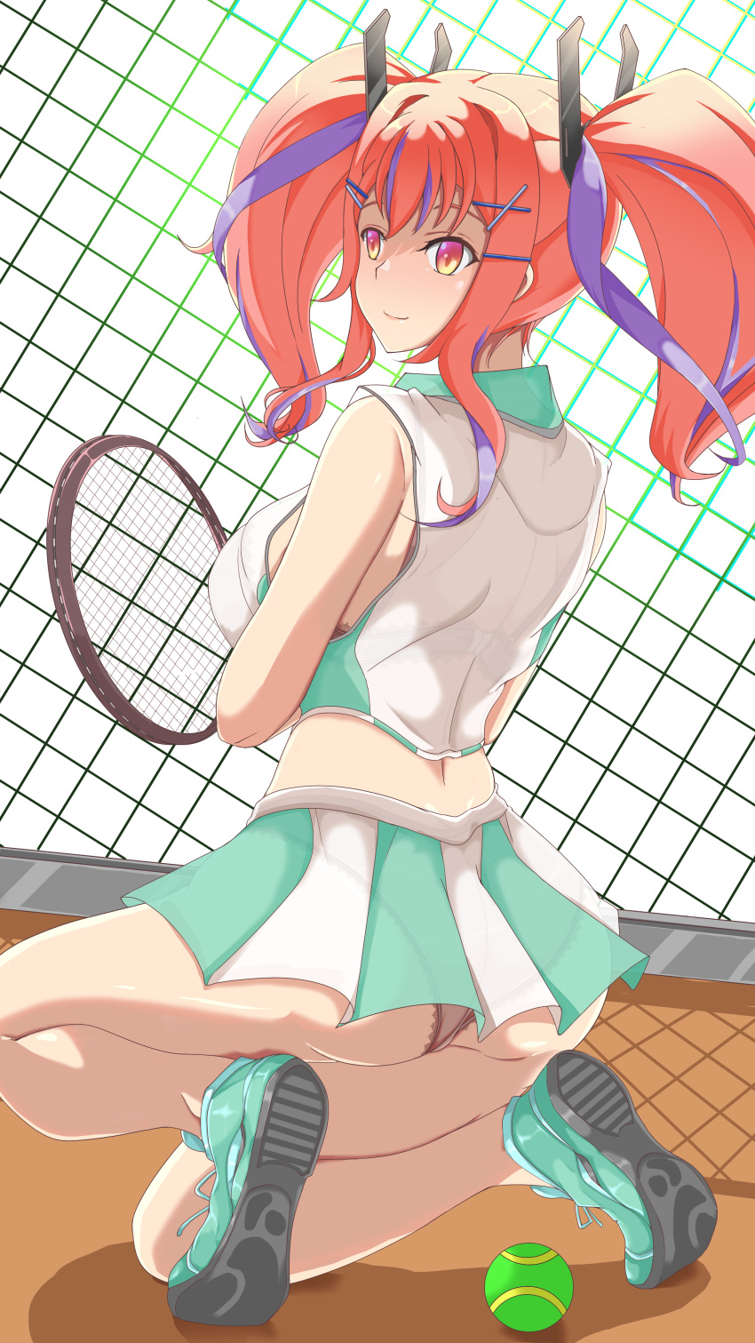 1girl absurdres ass azur_lane ball bangs bare_shoulders black_bra black_panties bra breasts bremerton_(azur_lane) bremerton_(scorching-hot_training)_(azur_lane) chain-link_fence cleavage closed_mouth crop_top crop_top_overhang fence green_footwear hair_between_eyes hair_ornament headgear highres holding_racket large_breasts midriff multicolored_hair one_knee orange_eyes orange_hair panties pleated_skirt purple_hair racket see-through shirt shoes skirt sleeveless sleeveless_shirt smile sneakers sportswear squatting streaked_hair tennis tennis_ball tennis_court tennis_racket tennis_uniform thighs twintails two-tone_shirt two-tone_skirt underwear x_hair_ornament zhu_guan_ye