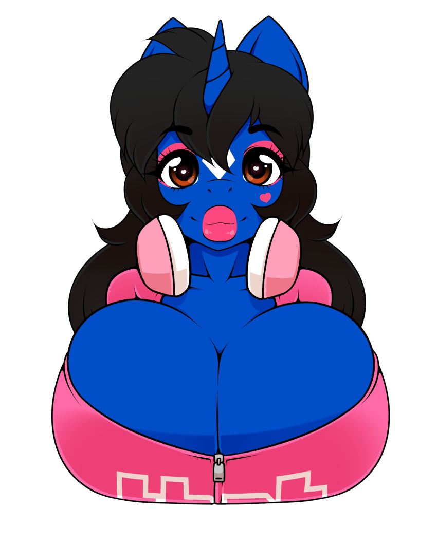 &lt;3 4:5 absurd_res big_breasts black_hair breasts brown_eyes cleavage clothed clothing equid equine eyeshadow female hair hasbro headphones hi_res horn klodette kloudmutt lips lipstick looking_at_viewer makeup mammal my_little_pony pink_lipstick solo thick_lips thot unicorn
