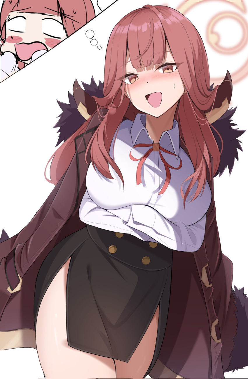 1girl :d arms_under_breasts aru_(blue_archive) black_skirt blue_archive blunt_bangs blush breasts brown_eyes brown_hair buttons coat coat_on_shoulders collared_shirt commentary_request corrupted_twitter_file cowboy_shot crossed_arms demon_girl demon_horns double-breasted dress_shirt fur-trimmed_coat fur_trim hair_on_horn halo head_tilt high-waist_skirt highres hip_vent horns kirisame_oreo large_breasts long_hair long_sleeves looking_at_viewer neck_ribbon nervous nervous_smile nose_blush open_mouth pencil_skirt pink_halo red_ribbon ribbon school_uniform shirt simple_background skirt smile solo speech_bubble sweatdrop thought_bubble tsurime white_background white_shirt