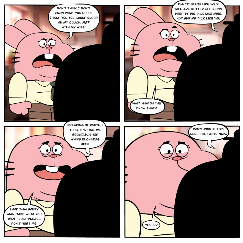 1:1 anthro cartoon_network clothed clothing colored dominant duo english_text fully_clothed hi_res imminent_sex lagomorph leporid male male/male mammal rabbit richard_watterson text the_amazing_world_of_gumball trashtoonz