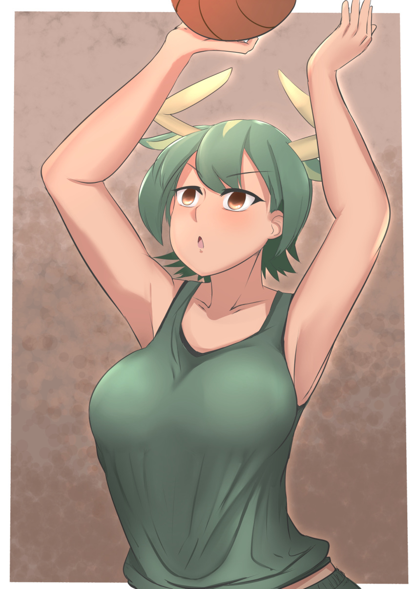 1girl animal_ears armpits arms_up aurochs_(kemono_friends) bar bare_arms basketball border breasts brown_eyes camisole collarbone cow_ears cow_horns empty_eyes extra_ears eyebrows_visible_through_hair green_camisole green_hair highres horns john_(a2556349) kemono_friends large_breasts looking_up multicolored_hair open_mouth short_hair solo sport tan throwing two-tone_hair