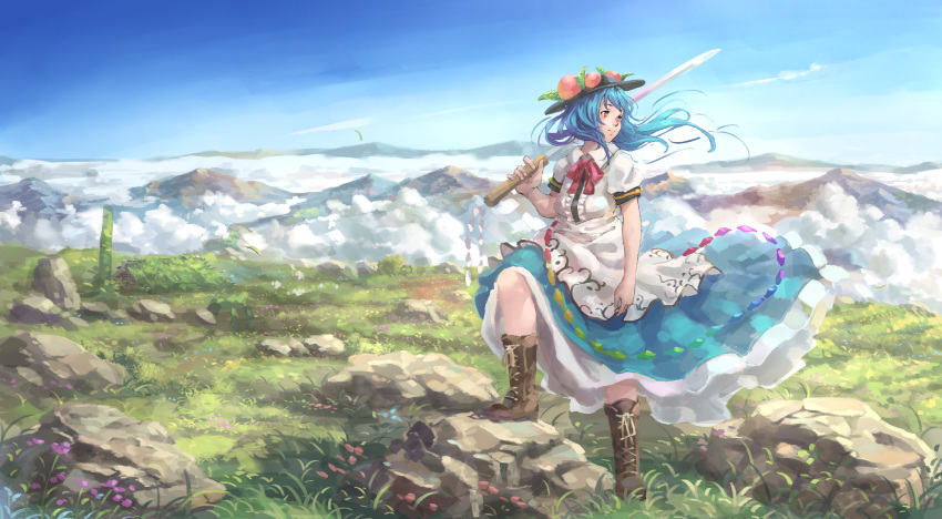 1girl arm_at_side arm_up black_headwear blue_hair blue_skirt blue_sky boots brown_footwear carrying_over_shoulder cloud commentary_request cross-laced_footwear day dress expressionless food fruit grass hair_blowing hat highres hinanawi_tenshi holding holding_sword holding_weapon knees_up layered_dress leaf long_hair looking_back looking_to_the_side mountainous_horizon nagi_(xx001122) neck_ribbon outdoors peach petticoat puffy_short_sleeves puffy_sleeves red_eyes red_neckwear ribbon rock scenery short_sleeves skirt sky solo standing standing_on_object sword touhou very_long_hair weapon wide_shot wind wind_lift