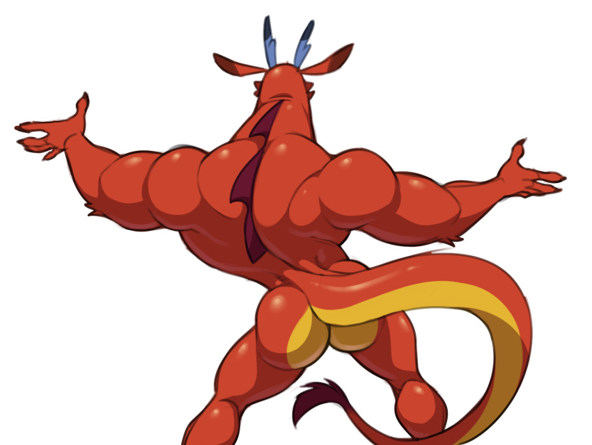 analon_(artist) anthro asian_mythology big_butt butt disney dragon east_asian_mythology eastern_dragon looking_away male mulan_(copyright) muscular muscular_anthro muscular_male mushu mythology nude simple_background solo white_background wide_stance