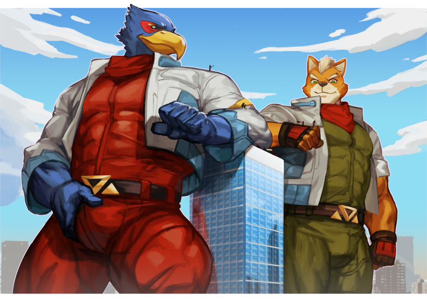 2020 absurd_res anthro avian bird building bulge canid canine city clothing duo falco_lombardi fingerless_gloves fox fox_mccloud gloves handwear hi_res macro male mammal muscular muscular_male nintendo star_fox togepi1125 traver009 video_games