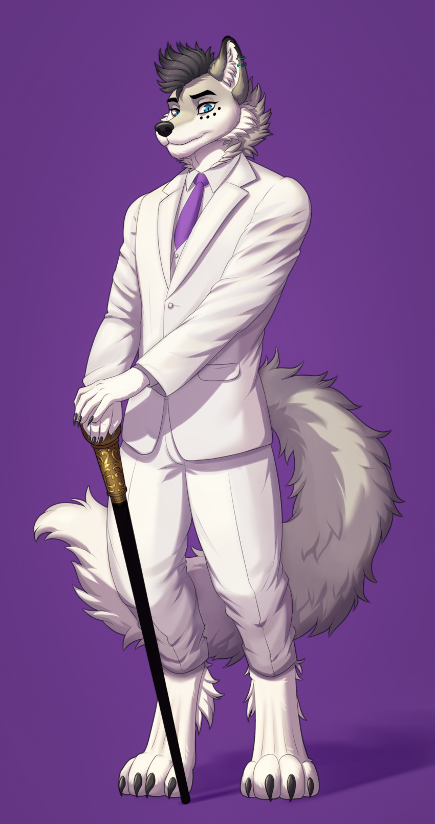 absurd_res anthro blue_eyes cane canid canine canis fluffy full_metal_alchemist hi_res jesse male mammal nakedfluff pipyaka purple_tie solo tattoo three_piece walking_stick white_suit wolf