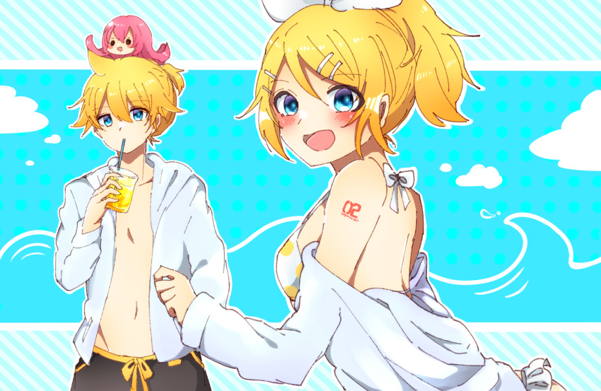 1boy 2girls bangs beruna0612 bikini blonde_hair blue_background blue_eyes blush blush_stickers cloud commentary cup drinking holding holding_cup hooded_shirt kagamine_len kagamine_rin looking_at_viewer multiple_girls octopus off-shoulder_shirt off_shoulder open_clothes open_mouth open_shirt pink_hair polka_dot polka_dot_background ponytail shirt short_hair short_ponytail shorts shoulder_tattoo sitting sitting_on_head sitting_on_person smile solid_circle_eyes spiked_hair swept_bangs swimsuit takoluka tattoo upper_body vocaloid waves white_shirt