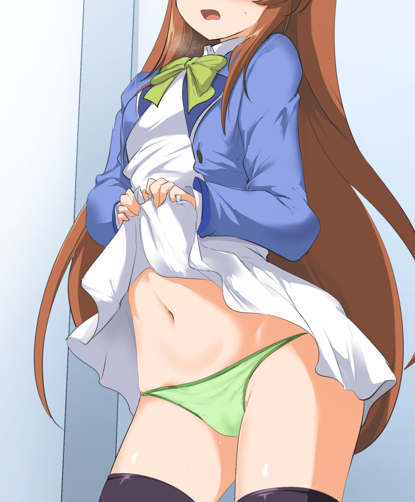 1girl amamiya_mimori black_legwear blue_jacket blush bow breasts brown_hair collared_dress commentary_request dress dress_lift green_bow green_panties groin head_out_of_frame heavy_breathing highres jacket lifted_by_self long_hair long_sleeves medium_breasts momio navel open_clothes open_jacket open_mouth panties shadowverse shadowverse_(anime) sleeves_past_wrists solo standing sweat thighhighs underwear very_long_hair white_dress