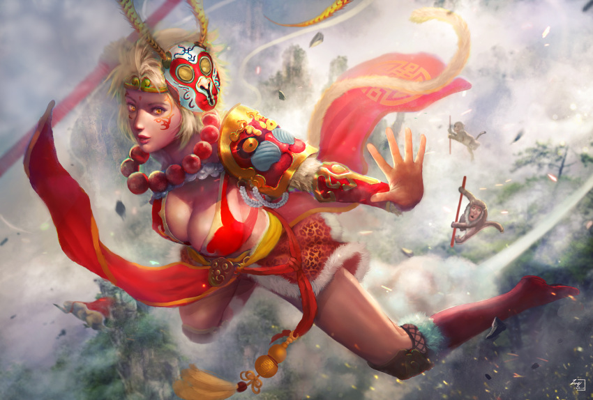 1girl animal armor beads blonde_hair boots breasts crop_top facial_mark fantasy full_body fur_trim gauntlets highres holding holding_staff holding_weapon knee_boots knee_pads large_breasts lips looking_at_viewer mask mask_on_head midair midriff monkey monkey_tail mountain original parted_lips pauldrons realistic red_footwear red_sash sash short_hair shoulder_armor solo staff tail tassel tree weapon wei_chang yellow_eyes