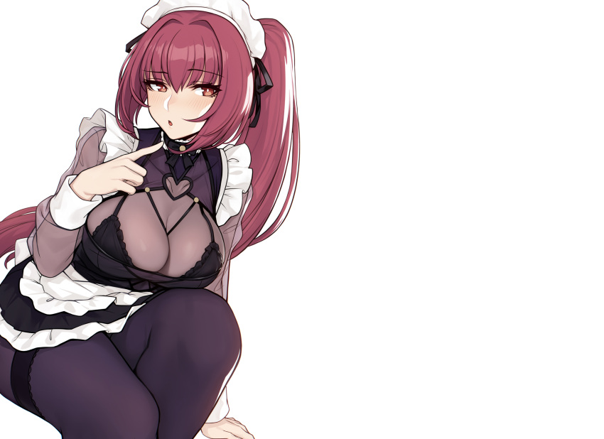 apron blush breasts evan_yang fate/grand_order fate_(series) headdress long_hair maid pantyhose ponytail purple_hair red_eyes scathach_(fate/grand_order) white