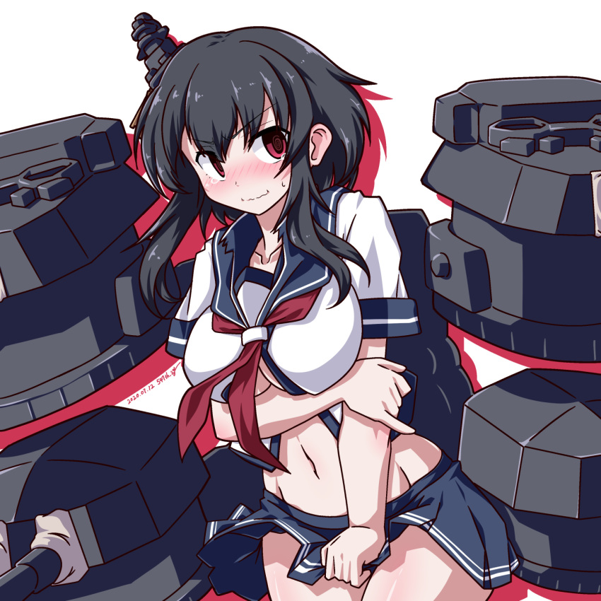 1girl 547th_sy black_hair blue_sailor_collar blue_skirt blush breasts closed_mouth collarbone cosplay covering covering_crotch dated eyebrows_visible_through_hair hair_ornament headgear highres kako_(kantai_collection) kako_(kantai_collection)_(cosplay) kantai_collection large_breasts midriff navel nose_blush outline red_eyes red_neckwear rigging sailor_collar school_uniform serafuku short_hair_with_long_locks short_sleeves signature simple_background skirt solo sweat tears underboob_cutout wavy_mouth white_background yamashiro_(kantai_collection)