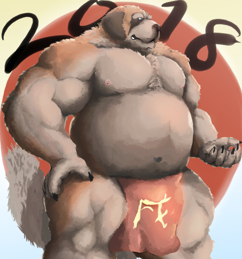 2018 absurd_res anthro asian_clothing belly canid canine canis chinese_new_year clothing domestic_dog east_asian_clothing fundoshi hi_res holidays humanoid_hands japanese_clothing kemono male mammal moobs new_year nipples overweight overweight_male solo underwear velcro74656 year_of_the_dog