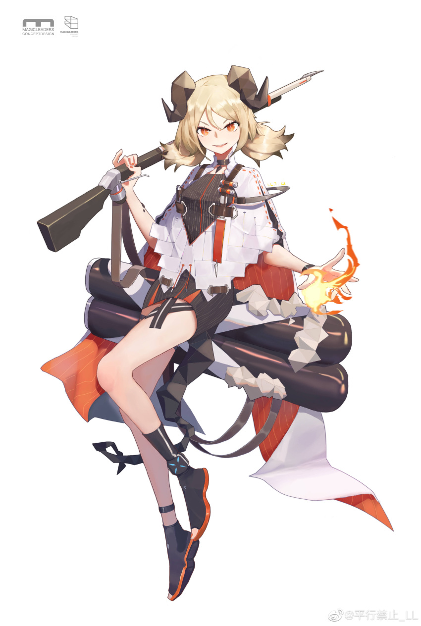 1girl absurdres arknights bare_legs black_dress black_footwear cloak commentary dress fire flamethrower full_body hair_between_eyes hand_up highres holding holding_weapon horns ifrit_(arknights) ll_cai looking_at_viewer low_twintails ore_lesion_(arknights) originium_arts_(arknights) parted_lips pencil_dress pinky_out red_eyes shoes short_dress short_hair silver_hair simple_background smile solo thighs twintails v-shaped_eyebrows weapon white_background white_cloak