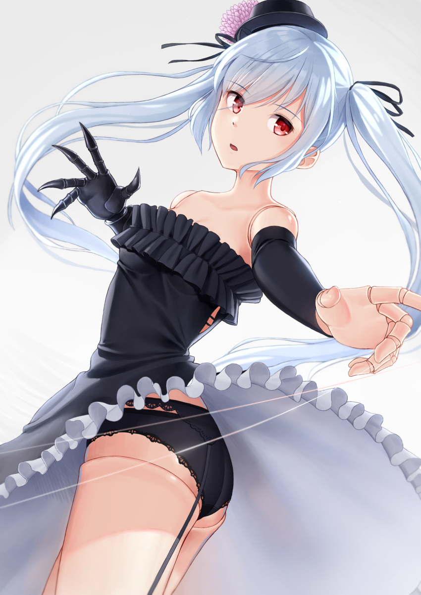 1girl black_dress black_gloves black_panties blue_hair doll doll_joints dress garter_belt garter_straps gloves granblue_fantasy hat highres joints kep_(ahokep) long_hair looking_at_viewer open_mouth orchis panties red_eyes shadowverse single_glove solo twintails underwear white_background