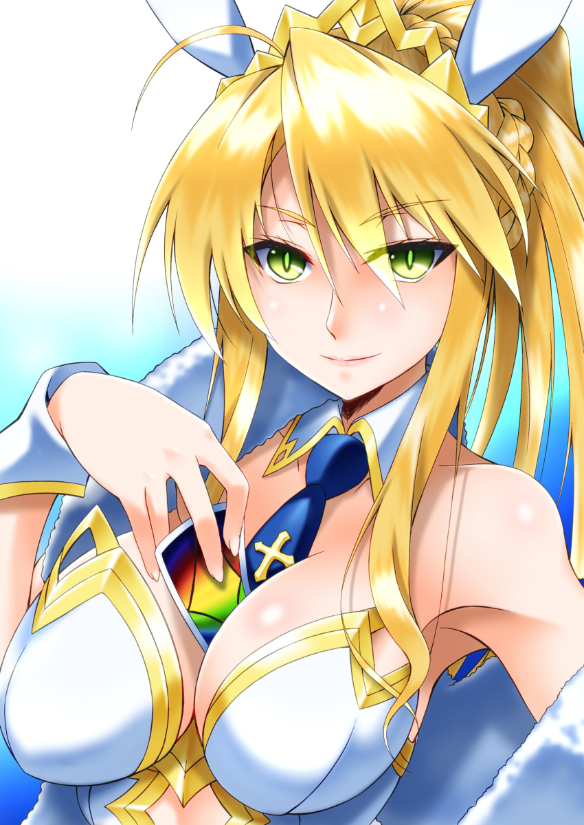 1girl ahoge animal_ears artoria_pendragon_(all) artoria_pendragon_(swimsuit_ruler)_(fate) bangs bare_shoulders between_breasts blonde_hair blue_background blue_neckwear blush braid breasts bunny_ears bunnysuit card cleavage closed_mouth detached_collar fate/grand_order fate_(series) feather_boa french_braid gradient gradient_background green_eyes hair_between_eyes highres large_breasts leotard long_hair looking_at_viewer navel_cutout necktie playing_card ponytail sidelocks smile sumeragi_tomo tiara white_leotard wrist_cuffs