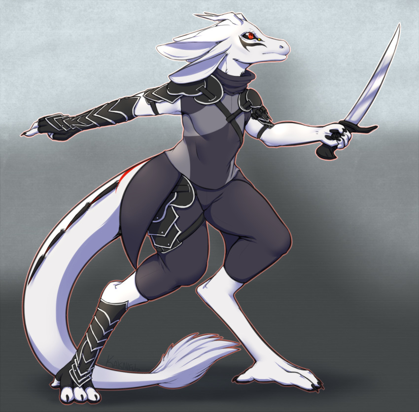 4_ears 5_fingers 5_toes alien anthro biped black_clothing black_sclera blade clothed clothing female fingers fur hand_feet hi_res horn kaknifu knife long_tail multi_ear quills red_eyes sek(species) solo sur'ri toes weapon white_body white_fur yari_litten_ve'rek