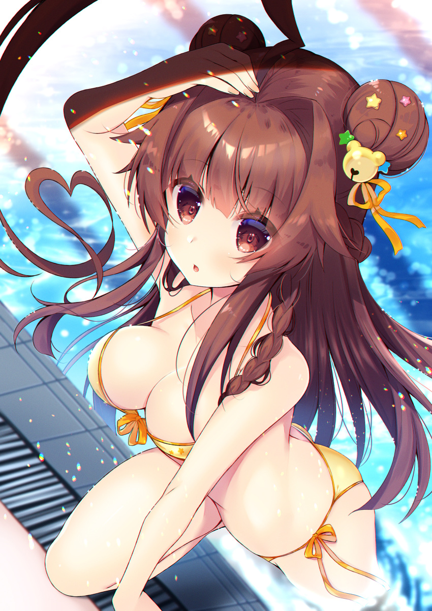 1girl absurdres ass bangs bare_legs bell bikini blunt_bangs braid breasts brown_eyes brown_hair cleavage collarbone commentary_request double_bun eyebrows_visible_through_hair from_above hair_ornament hand_on_own_head heart highres kantai_collection ko_yu kuma_(kantai_collection) long_hair medium_breasts open_mouth orange_bikini parted_lips pool poolside sidelocks solo swimsuit