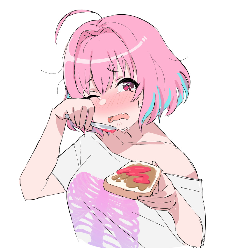 1girl absurdres ahoge blush bread collarbone crying eyebrows_visible_through_hair fang food frown hair_intakes highres idolmaster idolmaster_cinderella_girls jelly knife multicolored_hair off-shoulder_shirt off_shoulder one_eye_closed open_mouth peanut_butter pink_eyes pink_hair shirt short_hair skeleton_print t-shirt tears tomatomagica two-tone_hair white_background wiping_tears yumemi_riamu