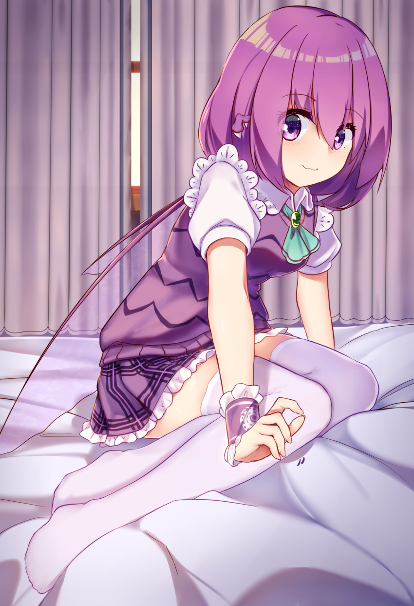 1girl bed bedroom blush curtains ddt_(darktrident) highres looking_at_viewer miniskirt original panties plaid plaid_skirt puffy_short_sleeves puffy_sleeves purple_eyes purple_hair short_hair short_sleeves skirt smile solo underwear white_legwear white_panties window zergling